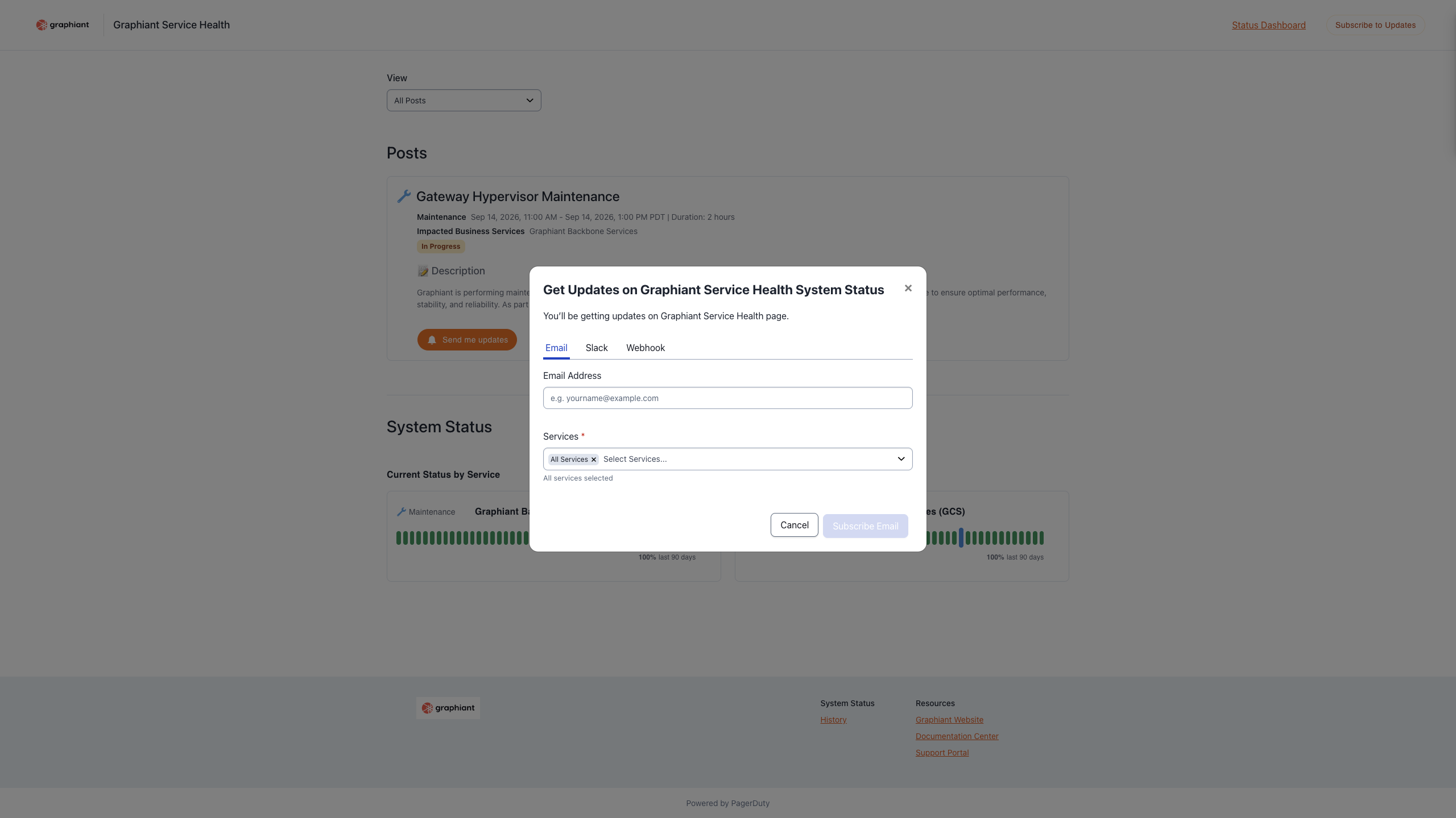Graphiant service health status update with maintenance details and subscription options.